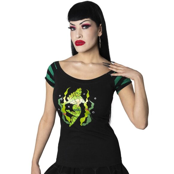 She Creature Glitter Black Green Stripe Off Shoulder Top Tee S-M-L-XL-2XL-3XL - Picture 2 of 3